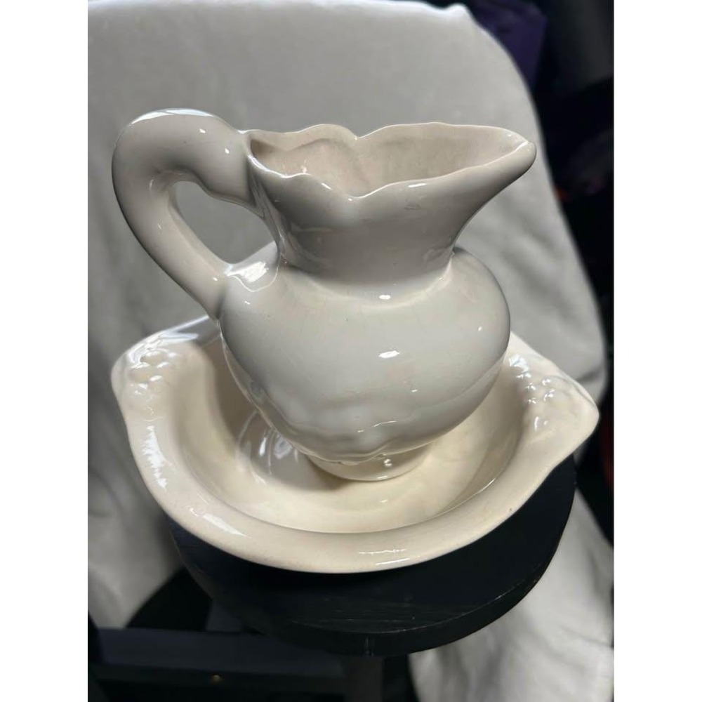 Vintage Ceramic‎ Bowl and Pitcher Set Speckled Tan Glazed Farmhouse Cottagecore
